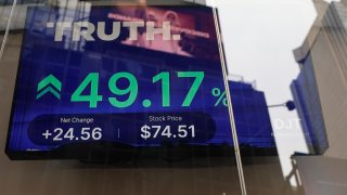 Trump Media & Technology Group stock market trading information is seen on a television at the Nasdaq Marketplace on March 26, 2024 in New York City. 