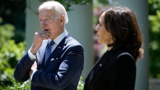 U.S. President Joe Biden and Vice President Kamala Harris in the Rose Garden of the White House in Washington, D.C., on May 9, 2022.