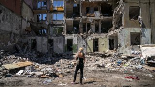 A view of damaged building amidst rubble after the Russian missile attack in Myrnohrad, Donetsk Oblast, Ukraine on July 16, 2024.