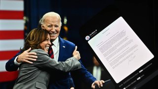 The letter in which U.S. President Joe Biden announced his withdrawal from candidacy is being displayed on a mobile phone screen in front of a computer screen displaying a photo of President Biden and US Vice President Kamala Harris, on July 21, 2024 in Ankara, Turkiye.