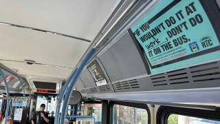 A sign promoting safety is seen on the Regional Transportation Commission 109 Maryland Parkway bus in Las Vegas Thursday, June 8, 2023.