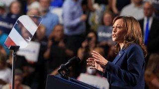 U.S. Vice President Kamala Harris delivers remarks during a campaign event at West Allis Central High School in West Allis, Wisconsin, on July 23, 2024.