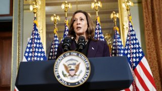 U.S. Vice President Kamala Harris delivers remarks at a press conference following a meeting with Israeli Prime Minister Benjamin Netanyahu in Washington, D.C., U.S., July 25, 2024. 