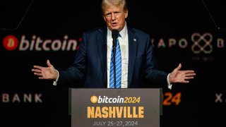 Former President and 2024 Republican presidential candidate Donald Trump gestures while giving a keynote speech on the third day of the Bitcoin 2024 conference in Nashville, Tennessee on July 27, 2024.