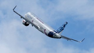 An Airbus A321 flies at the Farnborough International Airshow, in Farnborough, Britain, July 22, 2024.