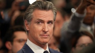 Gov. Gavin Newsom speaks to reporters in the spin room following the CNN Presidential Debate between U.S. President Joe Biden and Republican presidential candidate, former U.S. President Donald Trump at the McCamish Pavilion on the Georgia Institute of Technology campus on June 27, 2024 in Atlanta, Georgia. (Photo by Andrew Harnik/Getty Images)