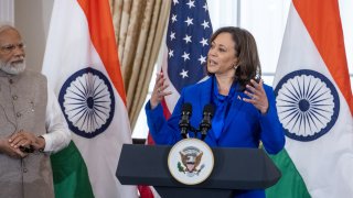 US Vice President Kamala Harris, right, speaks beside Narendra Modi, India’s prime minister, during a luncheon at the State Department in Washington, DC in 2023.