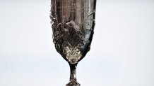 The silver cup  awarded to Spyros Louis, winner of the marathon race at the 1896  first modern Olympic Games is seen in Athens, during its presentation at the Athens Acropolis Museum on August 27, 2012. 