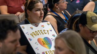 CHINO, CALIFORNIA – JULY 20: A person holds a sign in opposition to a policy that the Chino Valley school board is meeting to vote on which would require school staff to “out” students to their parents if they ask to be identified by a gender that is not listed on their birth certificate on July 20, 2023 in Chino, California. In June, the board voted 4-1 to revise guidelines for ceremonies and observances that would only allow U.S., California, military, foreign nations and flags of higher education institutions, effectively banning LGBTQ+ pride flags from being displayed on school district property. Today’s vote is a continuation of the June meeting discussion of matters affecting LGBTQ+ students. (Photo by David McNew/Getty Images)