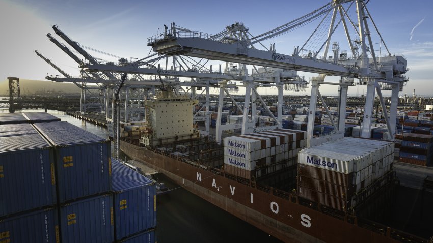 A container ship departs the Port of Long Beach in Long Beach, California, US, on Wednesday, Feb. 14, 2024. The ports of Los Angeles and Long Beach reported sharply higher cargo traffic in January, part of a rebound from 2023 when freight movement fell as labor troubles pushed shippers to competing harbors on the East and Gulf coasts, reported the Los Angeles Times. Photographer: Tim Rue/Bloomberg via Getty Images