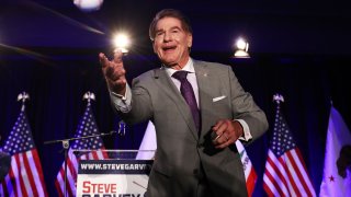 PALM DESERT, CALIFORNIA - MARCH 05: Republican Senate candidate Steve Garvey, a former Los Angeles Dodgers baseball player, tosses a baseball to supporters at his election night watch party on March 5, 2024 in Palm Desert, California. Garvey and Democratic Senate candidate U.S. Rep. Adam Schiff (D-CA) are projected to win the ‘jungle primary’ for a California U.S. Senate seat. Democrats and Republicans are voting in 15 states on Super Tuesday. (Photo by Mario Tama/Getty Images)