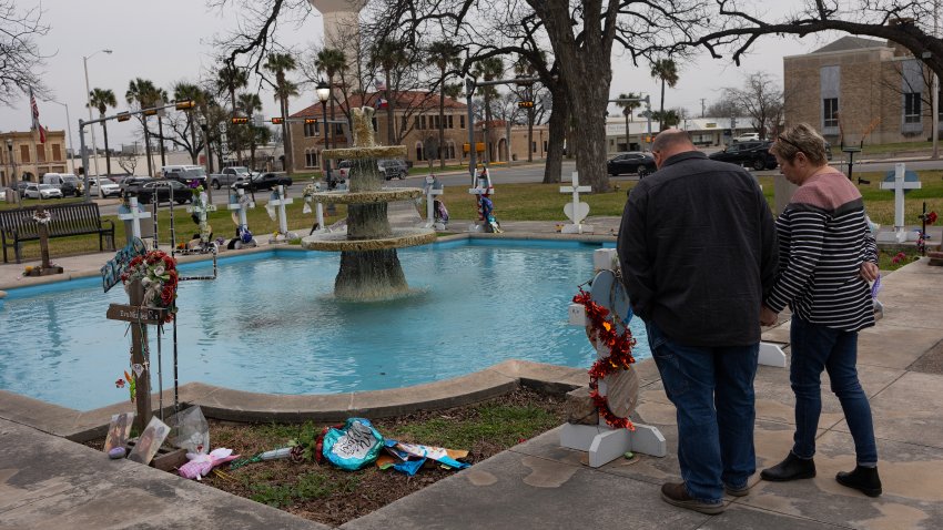 UVALDE, TEXAS - FEBRUARY 28: A permanent memorial for the mass shooting victims at Robb Elementary School occupies the central square, February 28, 2024 in downtown Uvalde, Texas. Almost two years ago a former student entered the school and murdered 19 students and two teachers with an AR-15 style rifle.