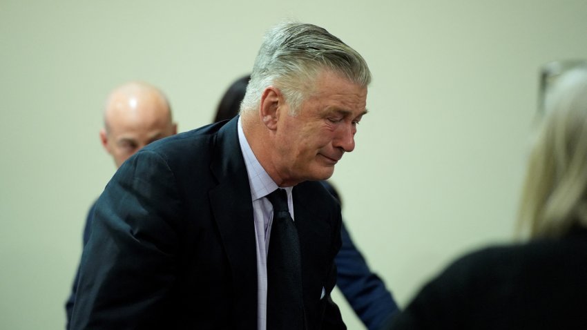 Actor Alec Baldwin reacts during his trial on involuntary manslaughter at Santa Fe County District Court in Santa Fe, New Mexico, on July 12, 2024. In October 2021, on the New Mexico set of the Western movie “Rust,” a gun pointed by Baldwin discharged a live round, killing the film’s cinematographer Halyna Hutchins and wounding its director. (Photo by RAMSAY DE GIVE / POOL / AFP) (Photo by RAMSAY DE GIVE/POOL/AFP via Getty Images)