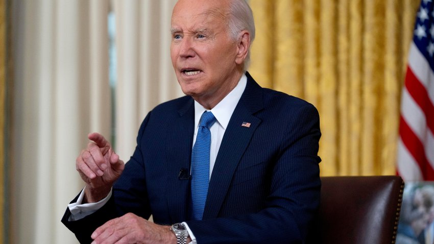 US President Joe Biden delivers a prime-time address to the nation in the Oval Office of the White House in Washington, DC, US, on Wednesday, July 24, 2024. The president’s historic decision to end his reelection bid, which came after weeks of calls from fellow Democrats to exit the race following a debate performance that fanned questions over his age and acuity, upended the presidential contest with just over 100 days until final votes are cast. Photographer: Evan Vucci/AP Photo/Bloomberg via Getty Images