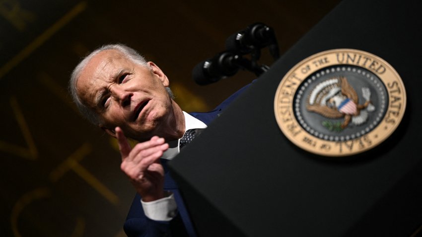 US President Joe Biden speaks during a commemoration of the 60th anniversary of the Civil Rights Acts at the Lyndon B. Johnson presidential library in Austin, Texas, on July 29, 2024. (Photo by Brendan SMIALOWSKI / AFP) (Photo by BRENDAN SMIALOWSKI/AFP via Getty Images)