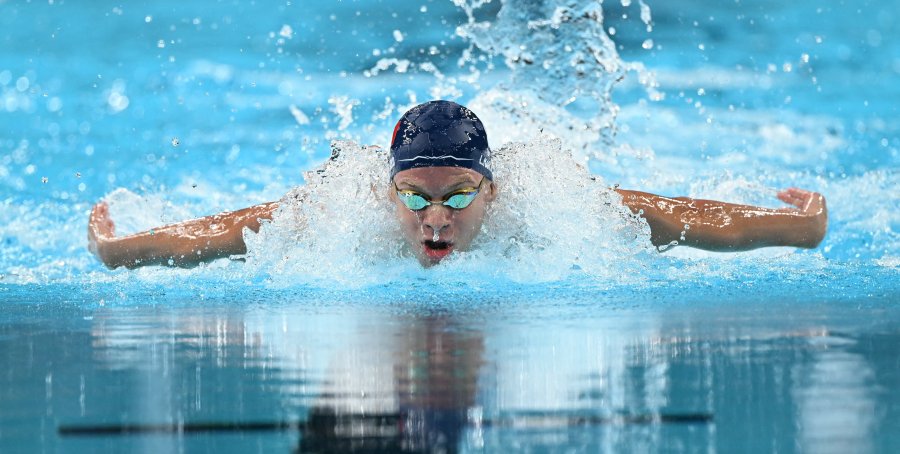 Leon Marchand competes in the final of the men's 200m butterfly