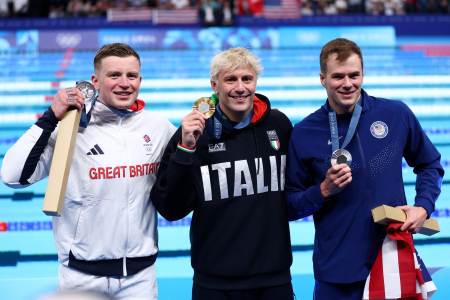 Gold Medalist Nicolo Martinenghi of Team Italy (C) and Silver Medalists Adam Peaty of Team Great Britain (L) and Nic Fink of Team United States (R)