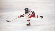 USA Mike Eruzione (21) in action vs USR, Lake Placid, NY, on February 22, 1980. 