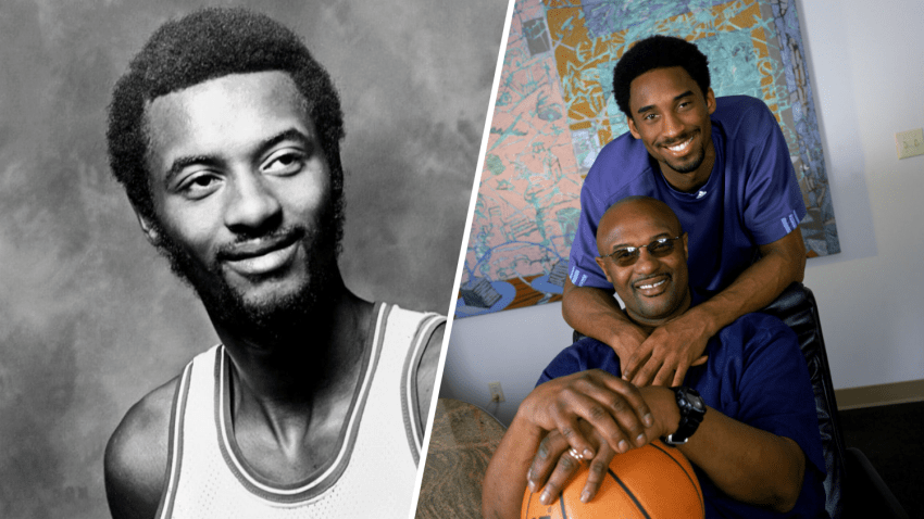 L to R: A photo of Joe Bryant when he was with the Philadelphia 76ers, Joe Bryant and his son Kobe Bryant