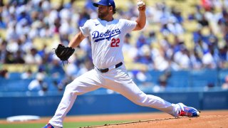 Jul 25, 2024; Los Angeles, California, USA; Los Angeles Dodgers starting pitcher Clayton Kershaw (22) throws against the San Francisco Giants during the first inning at Dodger Stadium. Mandatory Credit: Gary A. Vasquez-USA TODAY Sports