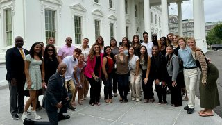 Photo: Cal State LA’s 2023 National Championship volleyball team gathers outside the White House ahead of NCAA Sports Day.