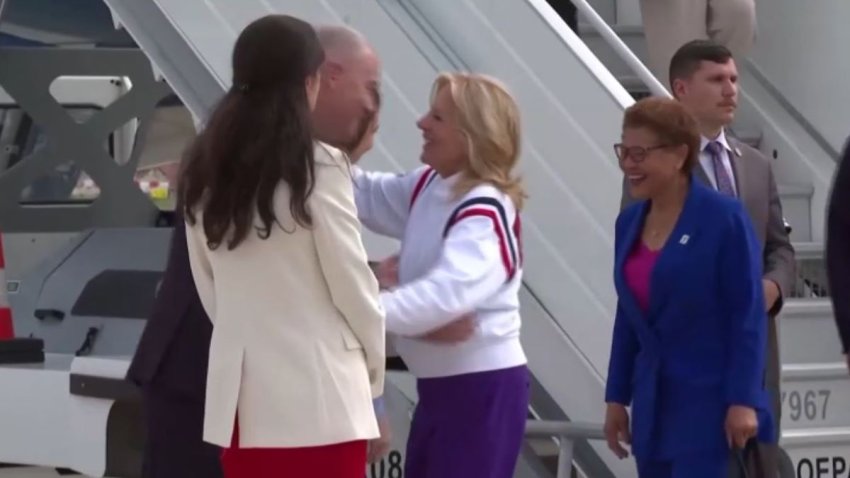 Los Angeles Mayor Karen Bass (right) and first lady Jill Biden arrived in Paris.