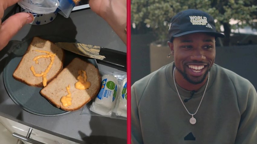 Two slices of bread next to a photo of Noah Lyles