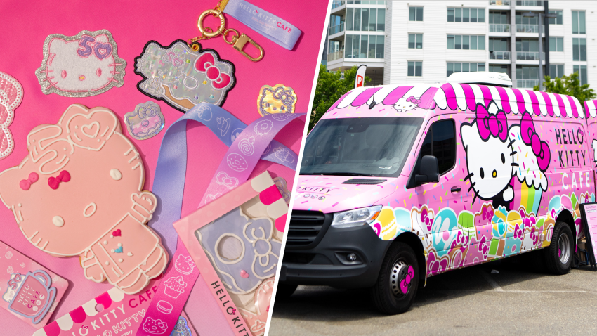 Hello Kitty Cafe Truck merch (left) and the Hello Kitty Cafe truck (right)