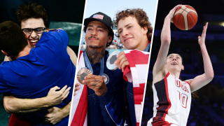 (Left to right) Stephen Nedoroscik celebrates Team USA's win in men's gymnastics, Nyjah Huston and Jagger Eaton win bronze and silver in street skateboarding, Breanna Stewart plays in the U.S. vs. Japan basketball match.