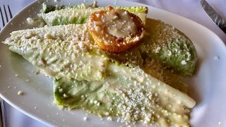 An original Caesar salad at its birthplace, the Hotel Caesar's in Tijuana, Mexico in July 2024, 100 years since its invention. (NBC 7 San Diego)