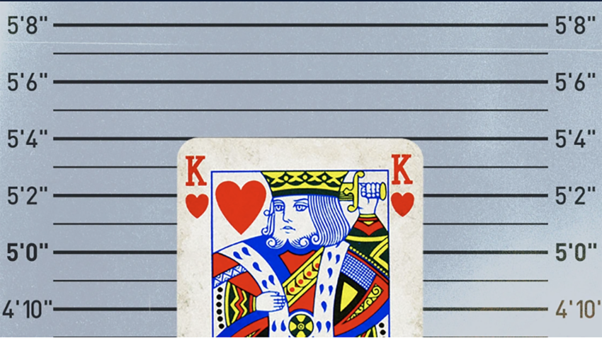 An illustration of a King playing card with a height chart