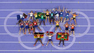 Athletes of decathlon pose for a photo for an aerial shot on day eight of the Olympic Games Paris 2024 at Stade de France on August 03, 2024 in Paris, France. (Photo by Richard Heathcote/Getty Images)