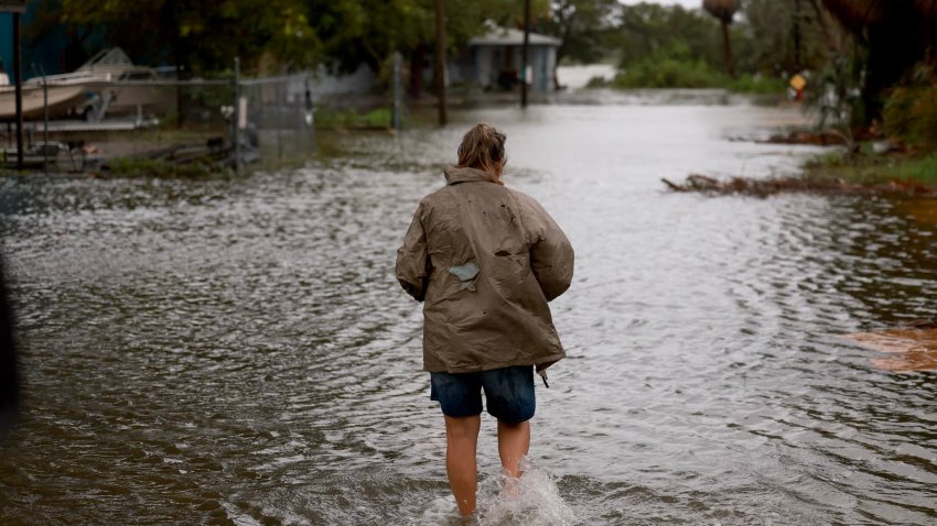 A flooded street caused by the rain and storm surge from Hurricane Debby on Aug. 05, 2024, in Cedar Key, Florida.