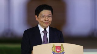 Singapore’s new Prime Minister Lawrence Wong makes a speech after being sworn in at the Istana in Singapore on May 15, 2024. 