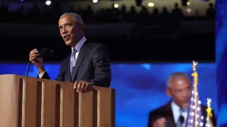 Former U.S. President Barack Obama speaks on stage during the second day of the Democratic National Convention in Chicago, Aug. 20, 2024.