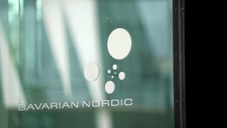 A photo shows the company’s logo on the headquarters of Danish biotechnology company Bavarian Nordic in Hellerup, north of Copenhagen.