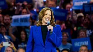 US Vice President Kamala Harris speaks during a campaign event at Fiserv Forum in Milwaukee, Wisconsin, US, on Tuesday, Aug. 20, 2024. 