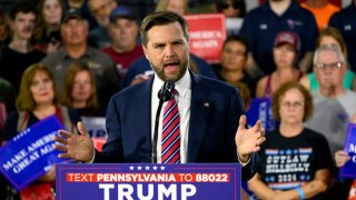 Republican vice presidential nominee, U.S. Sen. J.D. Vance (R-OH) speaks at a rally at trucking company, Team Hardinger on August 28, 2024 in Erie, Pennsylvania. 