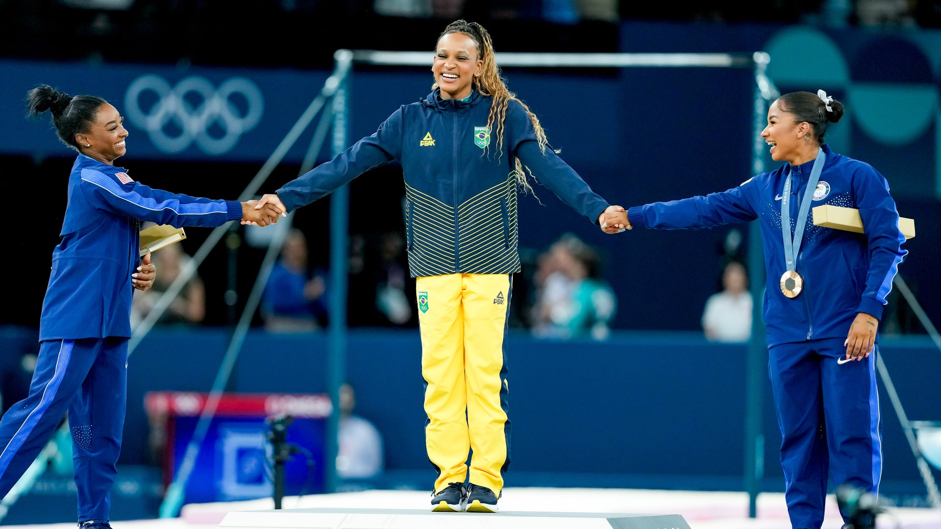 Jordan Chiles (right), of UCLA, won bronze in the individual floor exercise. It was Chiles' first individual Olympic medal.