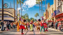 Disneyland Resort guests can dance along as Disney and Pixar characters march to the beat of the Holiday Toy Drummers in “Mickey’s Happy Holidays” during Disney Festival of Holidays at Disney California Adventure Park during the 2024 holiday season. (Christian Thompson/Disneyland Resort)