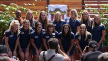 LOS ANGELES, CALIFORNIA - MAY 30: (L-R) Kaleigh Gilchrist, Ashleigh Johnson, Emily Ausmus, Maddie Musselman, Rachel Fattal, Tara Prentice, Jenna Flynn, Jordan Raney, Maggie Steffens, Amanda Longan, Ryann Neushul, Jovana Sekulic and Jewel Roemer pose for photos after USA Water Polo announced the 2024 U.S. Olympic Women's Water Polo Team roster at Republique on May 30, 2024 in Los Angeles, California. (Photo by Kaelin Mendez/Getty Images)