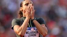 EUGENE, OREGON - JUNE 30: Sydney McLaughlin-Levrone reacts after setting a new world record in the women's 400 meter hurdles final on Day Ten of the 2024 U.S. Olympic Team Track & Field Trials at Hayward Field on June 30, 2024 in Eugene, Oregon. (Photo by Patrick Smith/Getty Images)