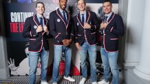 PARIS, FRANCE - JULY 26: Jimmer Fredette #5, Kareem Maddox #9, Canyon Barry #6, and Dylan Travis #15 of Team USA 3x3 pose for a photo while leaving the hotel for Opening Ceremonies on July 26, 2024 in Paris, France. NOTE TO USER: User expressly acknowledges and agrees that, by downloading and/or using this photograph, user is consenting to the terms and conditions of the Getty Images License Agreement. Mandatory Copyright Notice: Copyright 2024 NBAE (Photo by Jesse D. Garrabrant/NBAE via Getty Images)