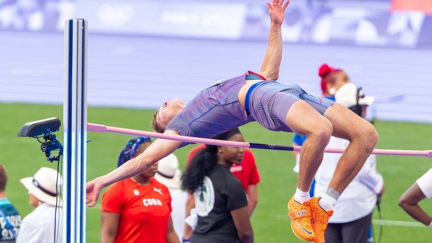 Heath Baldwin of USA competing in the Men's High Jump Decathlon during Day 7 of Athletics - Olympic Games Paris 2024 at Stade de France on August 2, 2024 in Paris, France. (Photo by Joris Verwijst/BSR Agency/Getty Images)