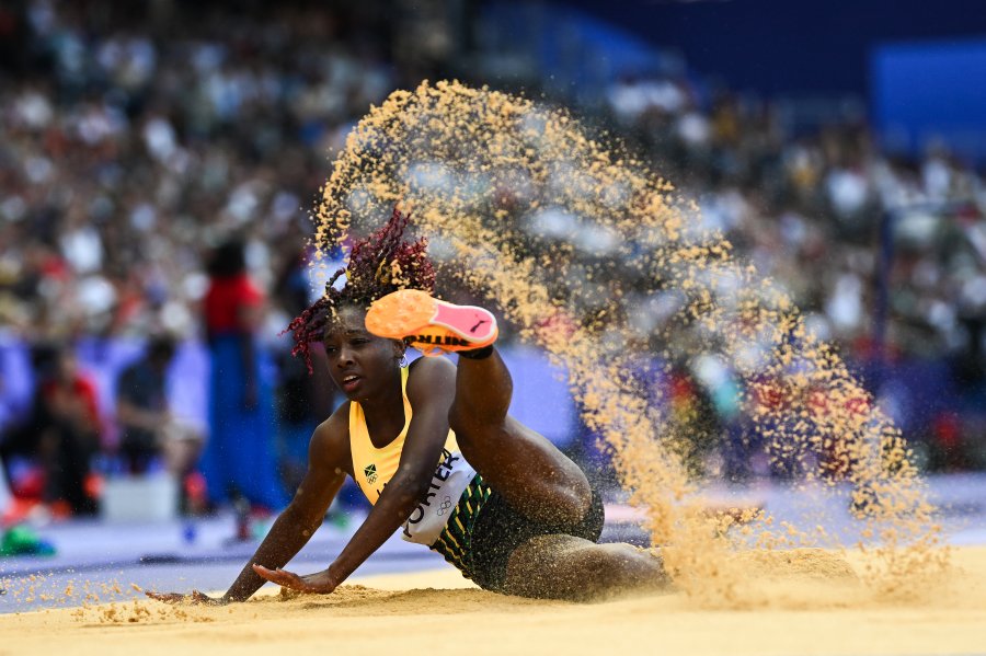 Jamaica's Chanice Porter competes in the women's long jump qualification of the athletics event at the Paris 2024 Olympic Games at Stade de France in Saint-Denis, north of Paris, on August 6, 2024