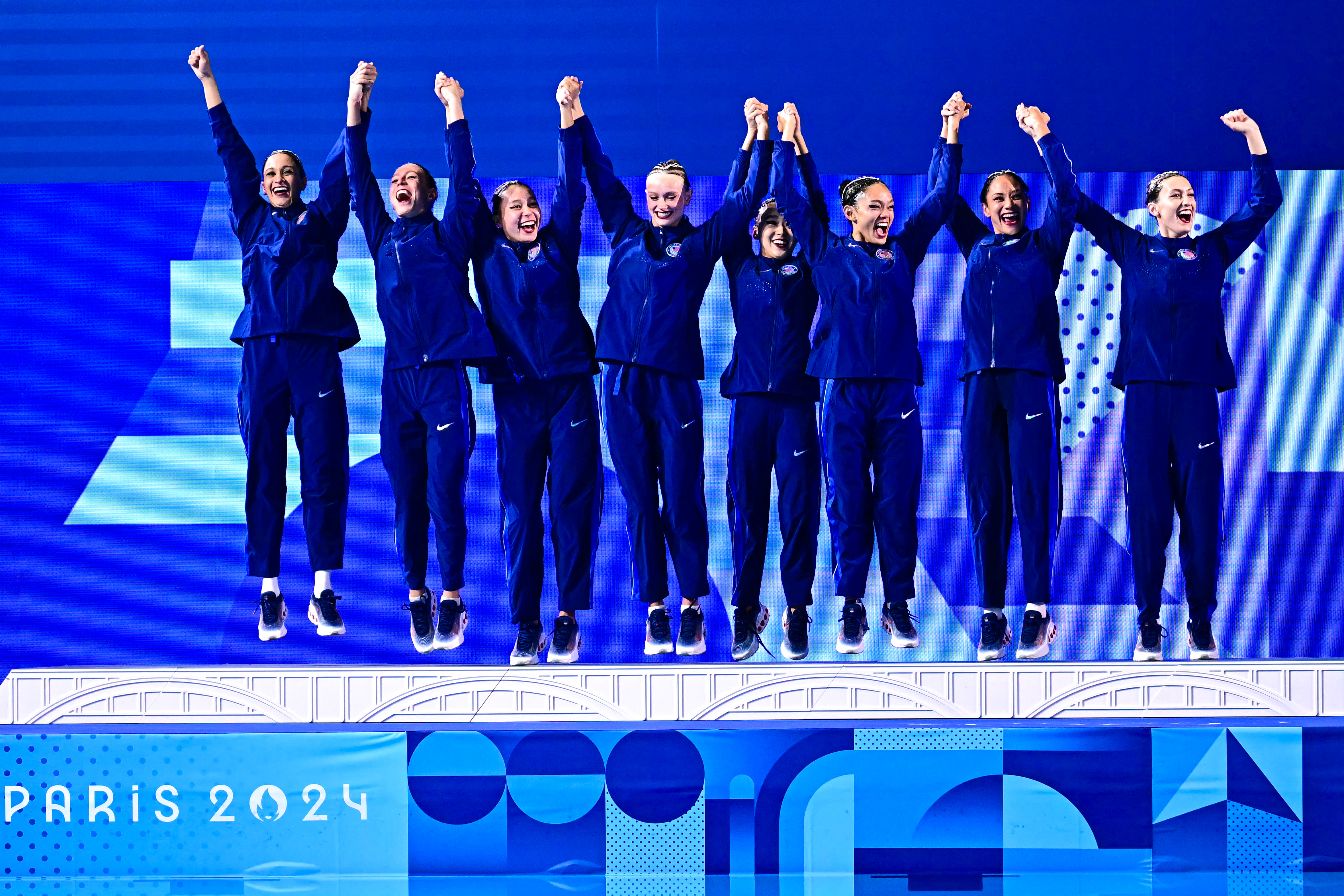 Silver medalists team USA celebrate on the podium of the artistic swimming team event during the Paris 2024 Olympic Games at the Aquatics Centre in Saint-Denis on Aug. 7.The U.S. team includes Megumi Field, of Cerritos, LA's Jaime Czarkowski, and Santa Monica's Anita Alvarez, a three-time Olympian.