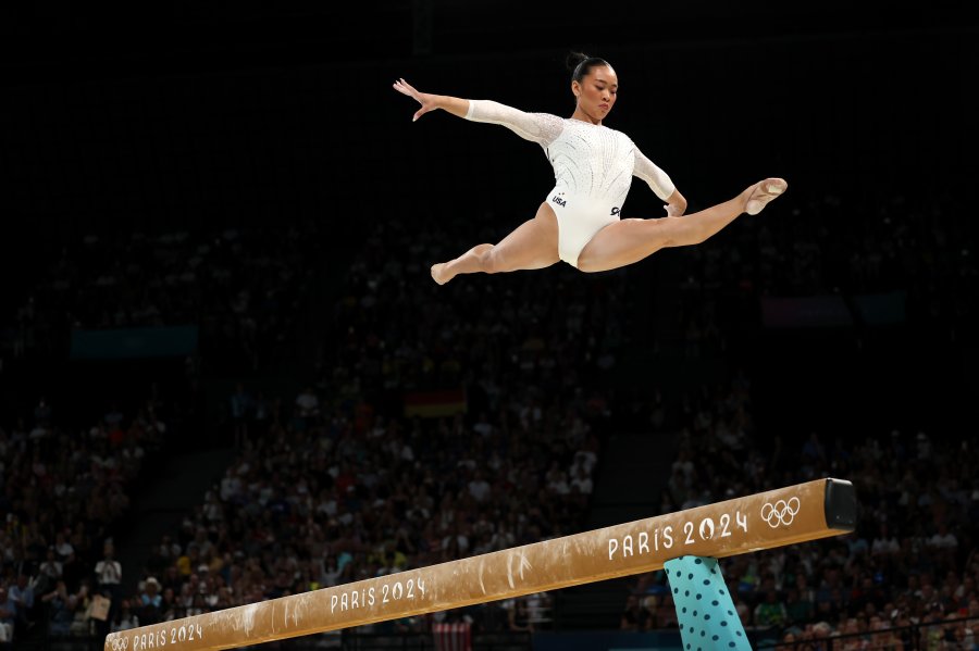 Sunisa Lee of Team United States competes during the Artistic Gymnastics Women's Balance Beam Final on day ten of the Olympic Games Paris 2024 at Bercy Arena on August 05, 2024 in Paris, France