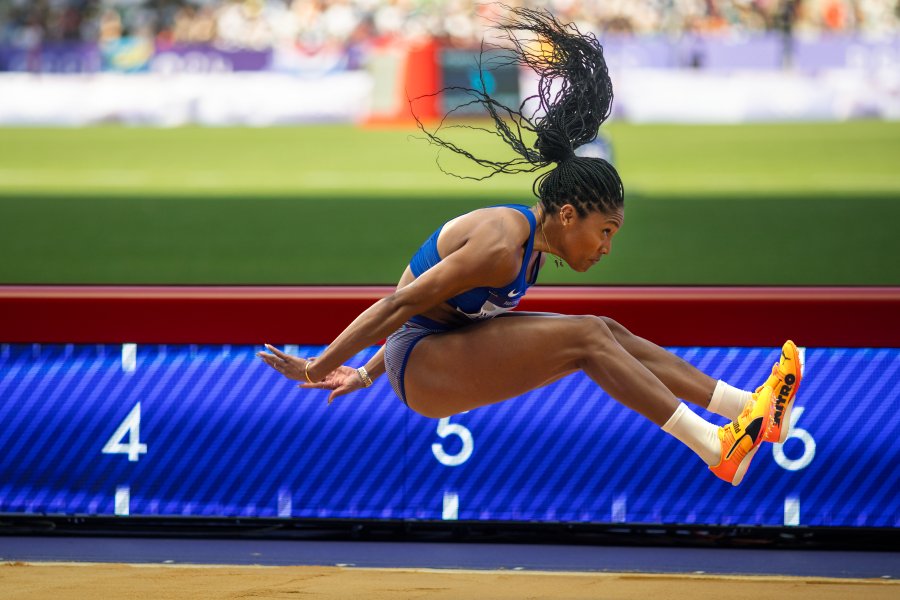 Tara Davis-Woodhall of the United States in action during Women's Long Jump qualification