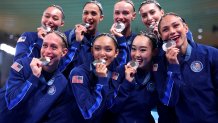 PARIS, FRANCE - AUGUST 07: Silver Medalists of Team United States pose following the Artistic Swimming medal ceremony after the Team Acrobatic Routine on day twelve of the Olympic Games Paris 2024 at Aquatics Centre on August 07, 2024 in Paris, France. (Photo by Maddie Meyer/Getty Images)