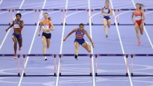 PARIS, FRANCE - AUGUST 08: Sydney McLaughlin-Levrone of Team United States competes in the Women's 400m Hurdles Final on day thirteen of the Olympic Games Paris 2024 at Stade de France on August 08, 2024 in Paris, France. (Photo by Michael Steele/Getty Images)